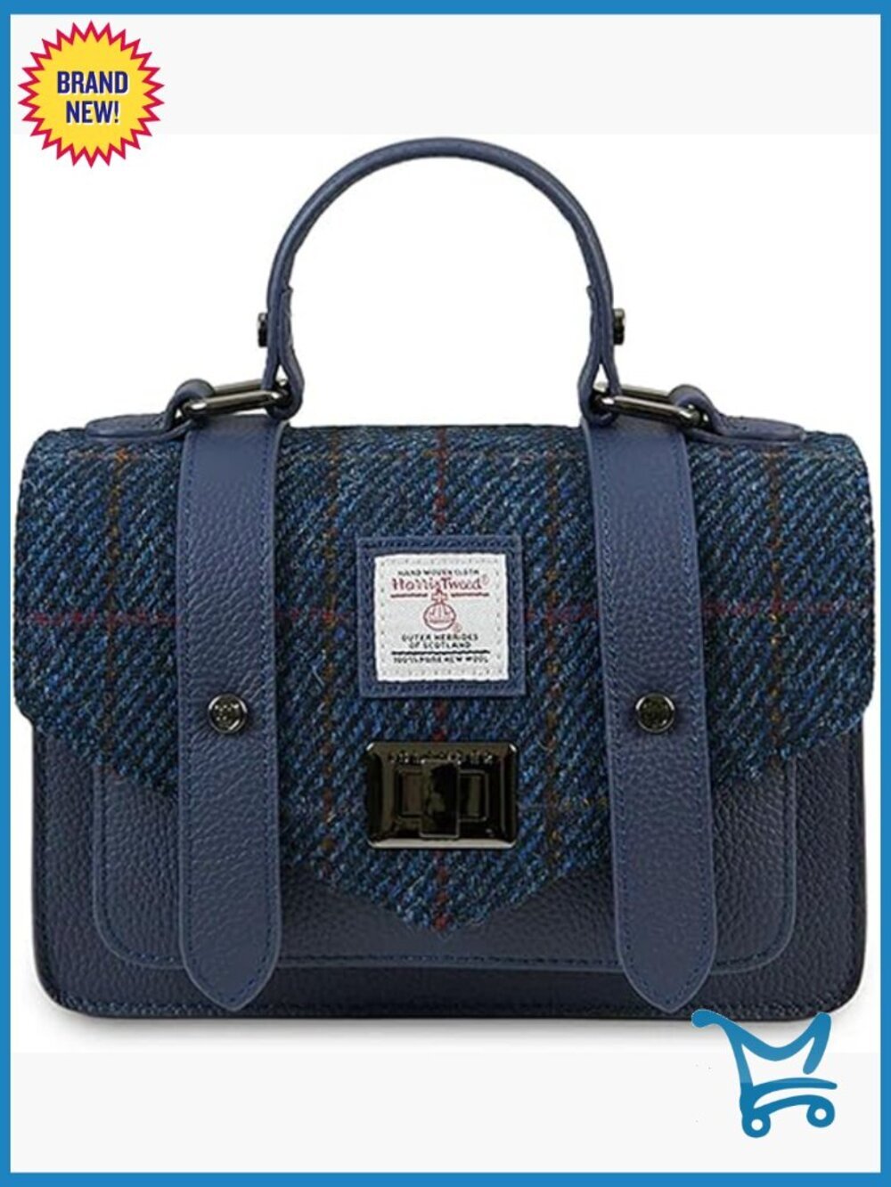 Harris Tweed Leather Satchel, Adjustable Strap, Twist Lock, 7.87x5.51x2.36 in